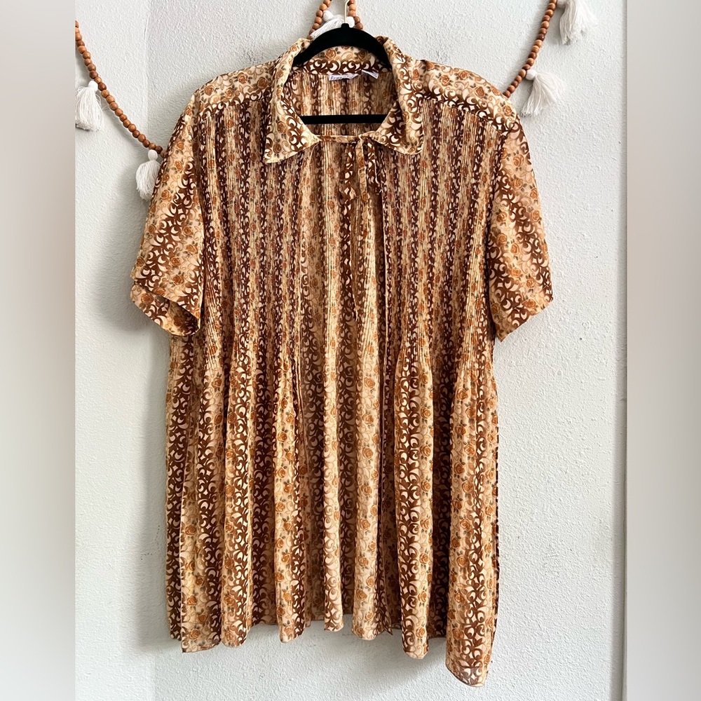 Freestyle Vintage polyester brown floral short sleeve cover up